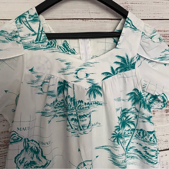 Vintage Hawaii Kole Kole Ruffled Turquoise Map print Dress with pocket - Picture 2 of 15